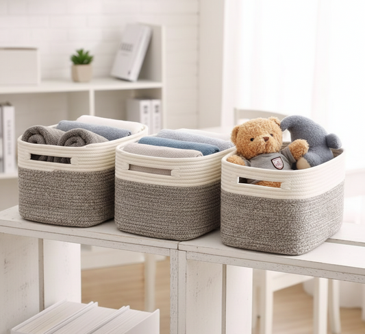 White Grey Storage Baskets for Shelves - 15 x 10 x 9.5 inch - Customize