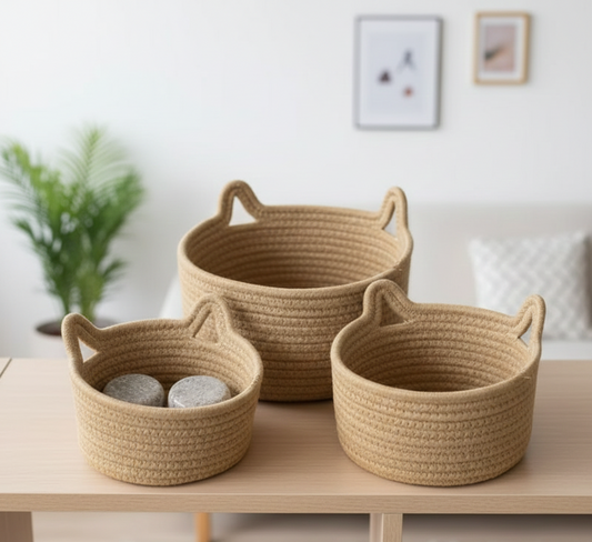 Cute Cat Ear Cotton Storage Basket Set - Multiple Sizes