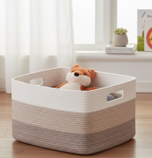 White & Brown Storage Basket with Handle - Medium, Large