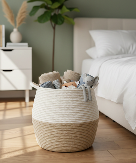 White & Beige Contemporary Cotton Basket - 16 inch x 16 inch x 12 inch