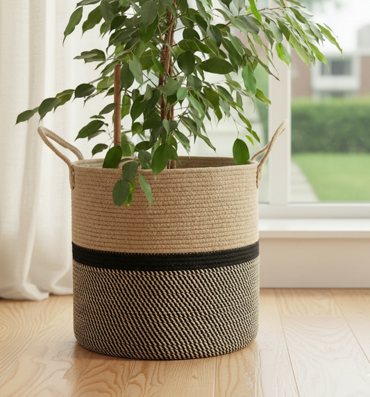 Beige & Black Cotton Planter & Storage Basket