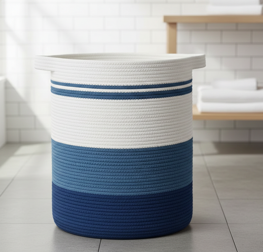White, Blue Cotton Laundry Basket & Storage Organiser with Handles - Medium, Large