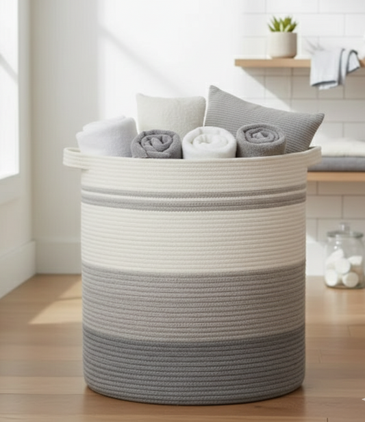 White, Grey Cotton Laundry Basket & Storage Organiser with Handles - Medium, Large