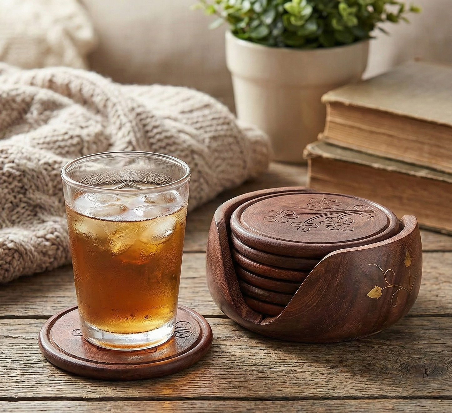 Elegant Wooden Coaster Set with Brass Petals - 4 inch x 4 inch x 2 inch
