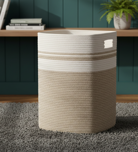 Beige & White Foldable Cotton Storage bin- 22 inch x 17 inch x 13 inch; 75L
