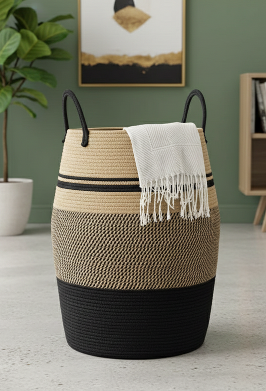 Black & Beige Natural Fiber Laundry Clothes Basket - Multiple Sizes