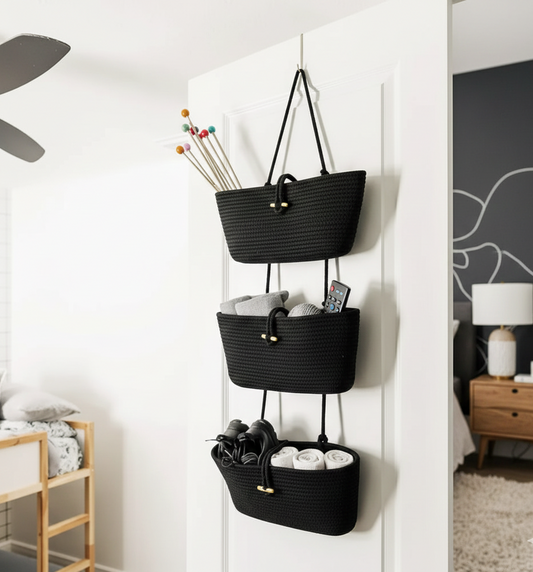 3 Wall Hanging Cotton Baskets - Black- Customizable