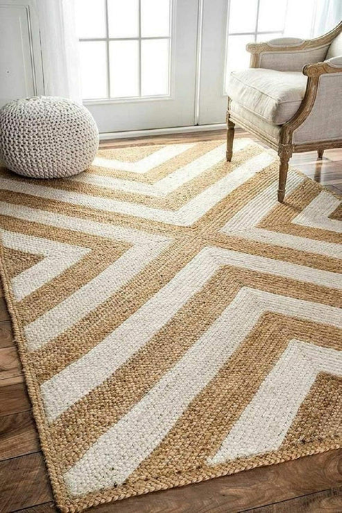 White Cotton With Natural Jute Handwoven Rectangle Rug