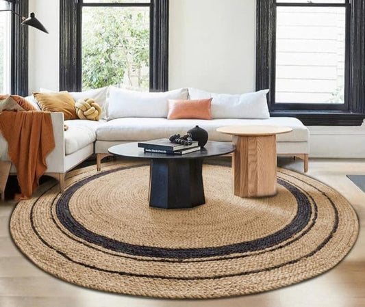 Beige & Black Jute Handwoven Rug With Natural Fibers