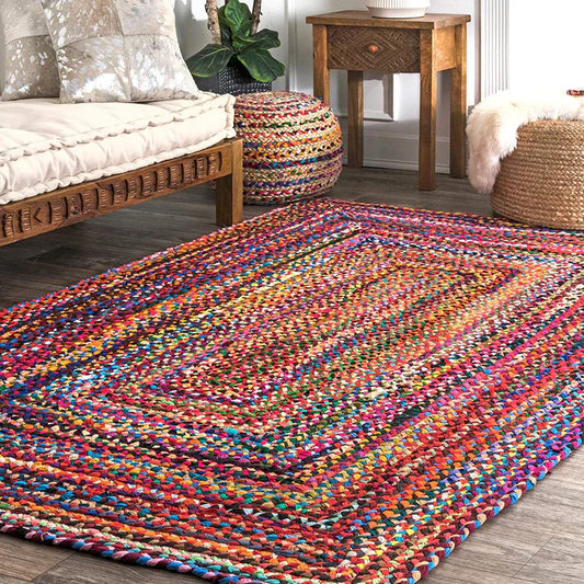 Modern Braided Rug in Multicolour Cotton Chindi Handmade