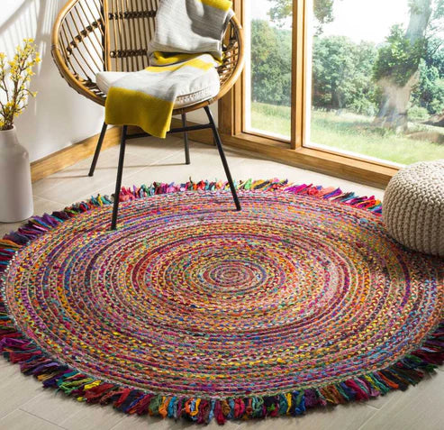 Flower Multi Cotton Design Natural Jute Rug