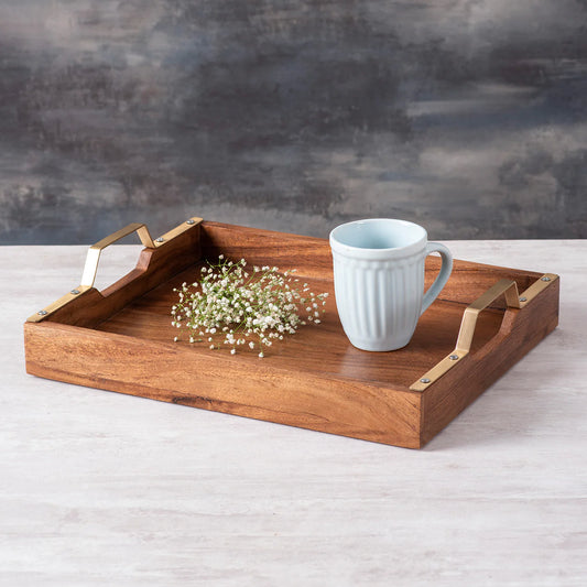 Teak Wood Serving Tray - Gold Handle