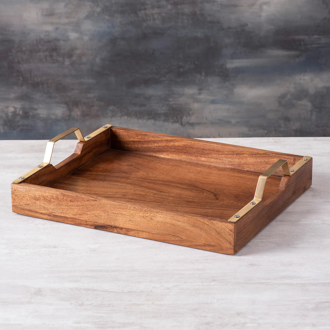 Teak Wood Serving Tray - Gold Handle