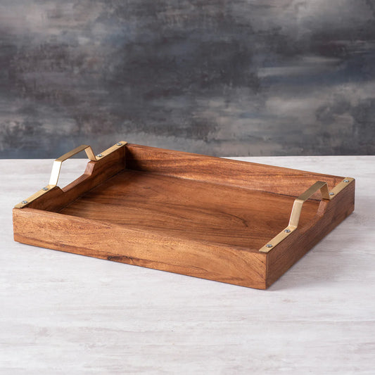 Teak Wood Serving Tray - Gold Handle