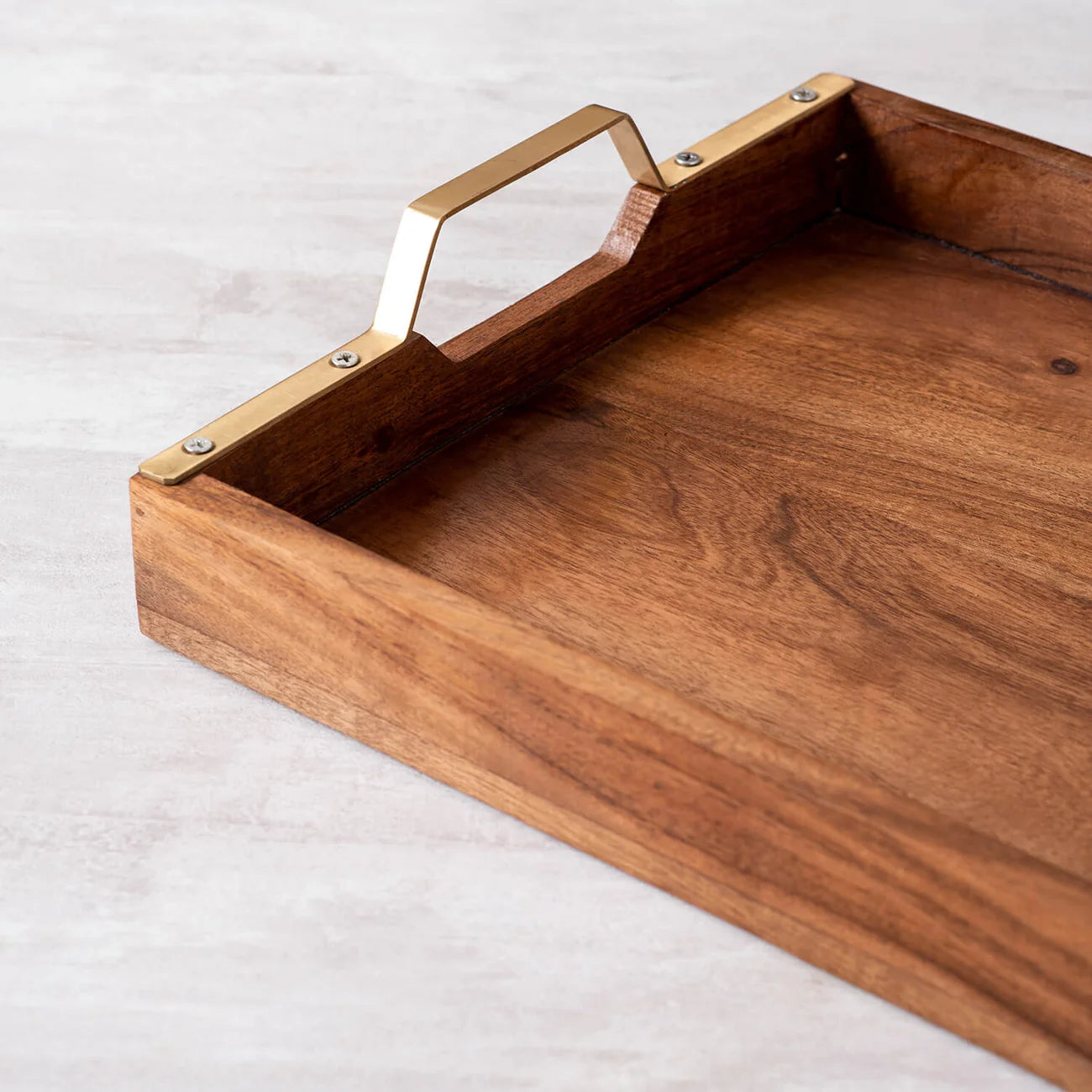 Teak Wood Serving Tray - Gold Handle