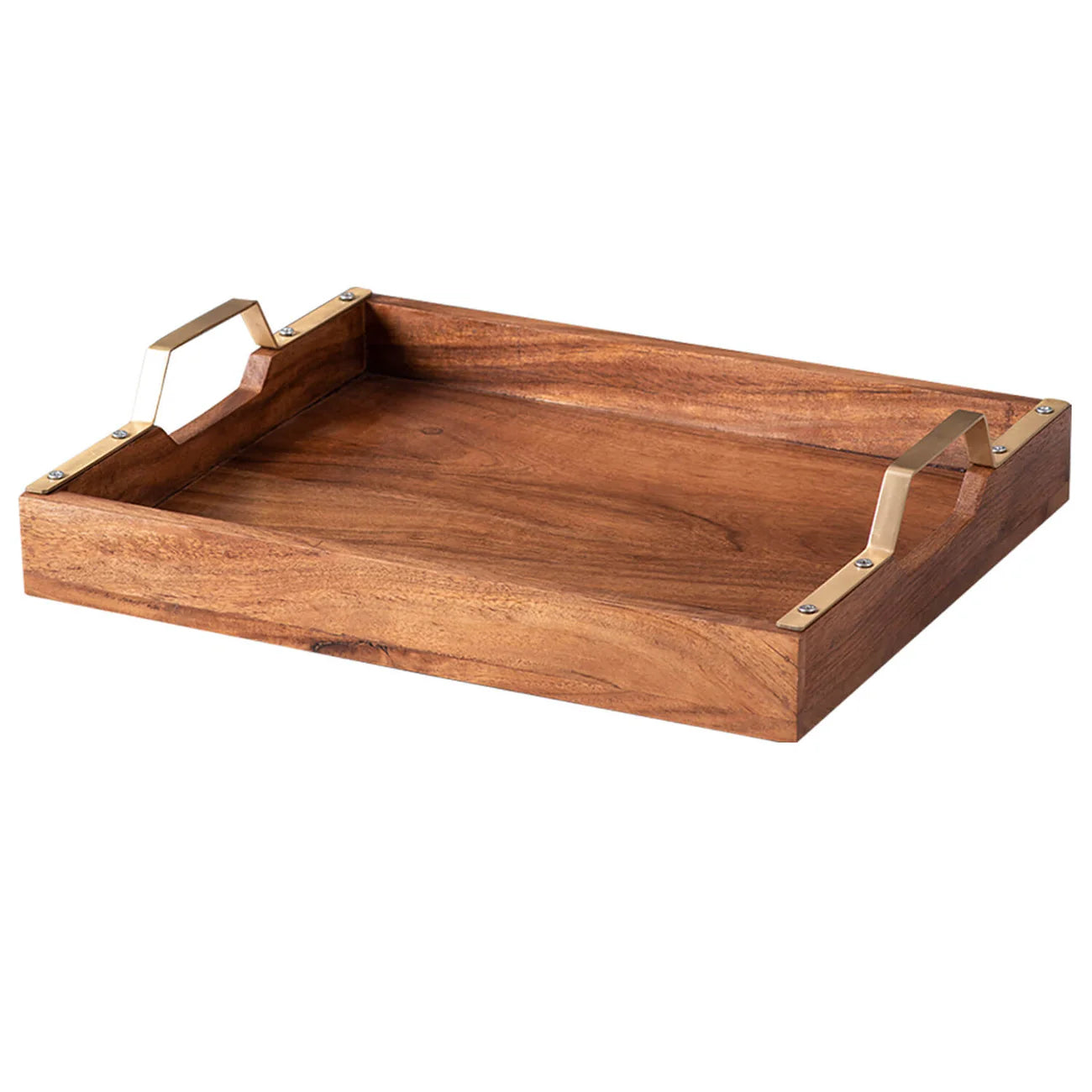 Teak Wood Serving Tray - Gold Handle
