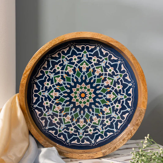 Immersive Blue Mandala Pattern Wooden Serveware