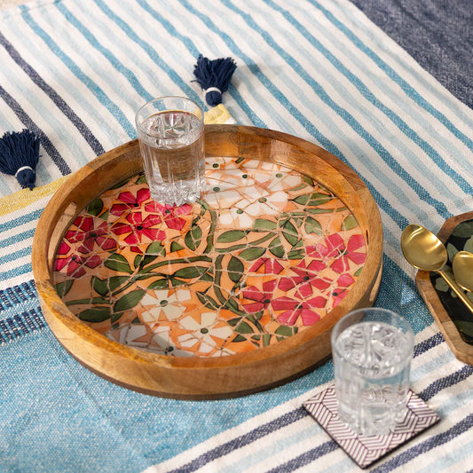 Pink & White Petal Mosaic Print Wooden Serveware