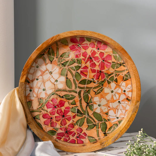Pink & White Petal Mosaic Print Wooden Serveware