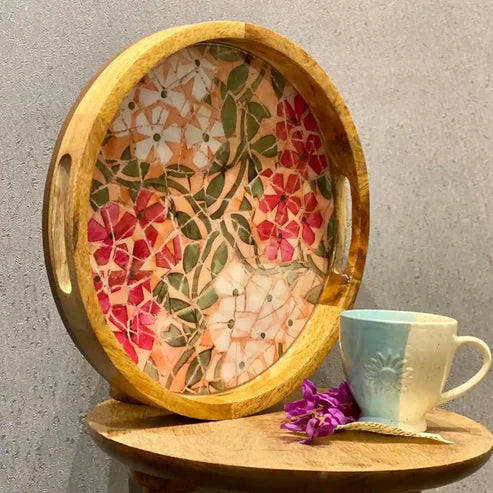 Pink & White Petal Mosaic Print Wooden Serveware