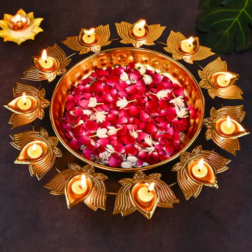 Decorative Golden Lotus Urli - Flowers, Tea Light Candles & Diya Pots