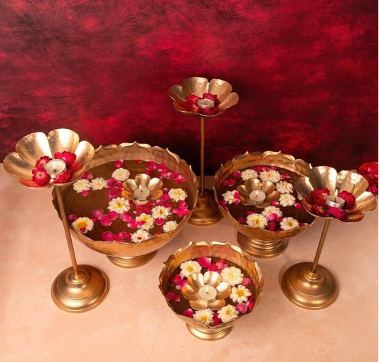 Taj Bowl Hammered Urli Candle Stand with Floating Diya - 9 Pieces Combo