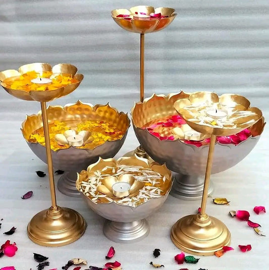 Taj Bowl Hammered Urli Candle Stand with Floating Diya - 9 Pieces Combo