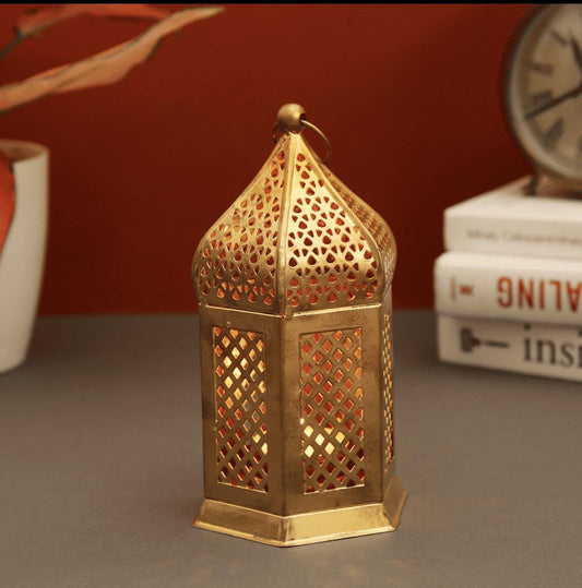 Decorative Metal T-Light Candle Holder Lantern – Golden Finish – Moroccan Style for Home Décor, Diwali, and Festive Lighting