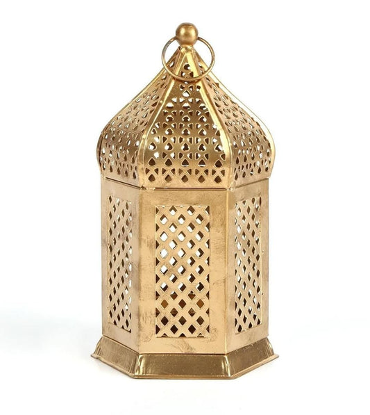 Decorative Metal T-Light Candle Holder Lantern – Golden Finish – Moroccan Style for Home Décor, Diwali, and Festive Lighting