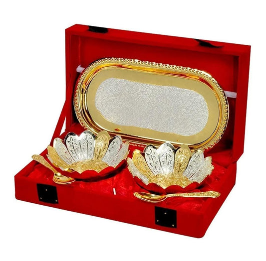 Silver and Gold Plated Floral Shaped Bowl and Tray Set