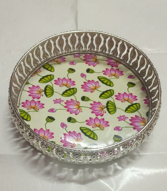 Digital Printed German Silver Pichwai Tray - Lotus - White
