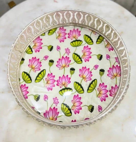 Digital Printed German Silver Pichwai Tray - Lotus - White