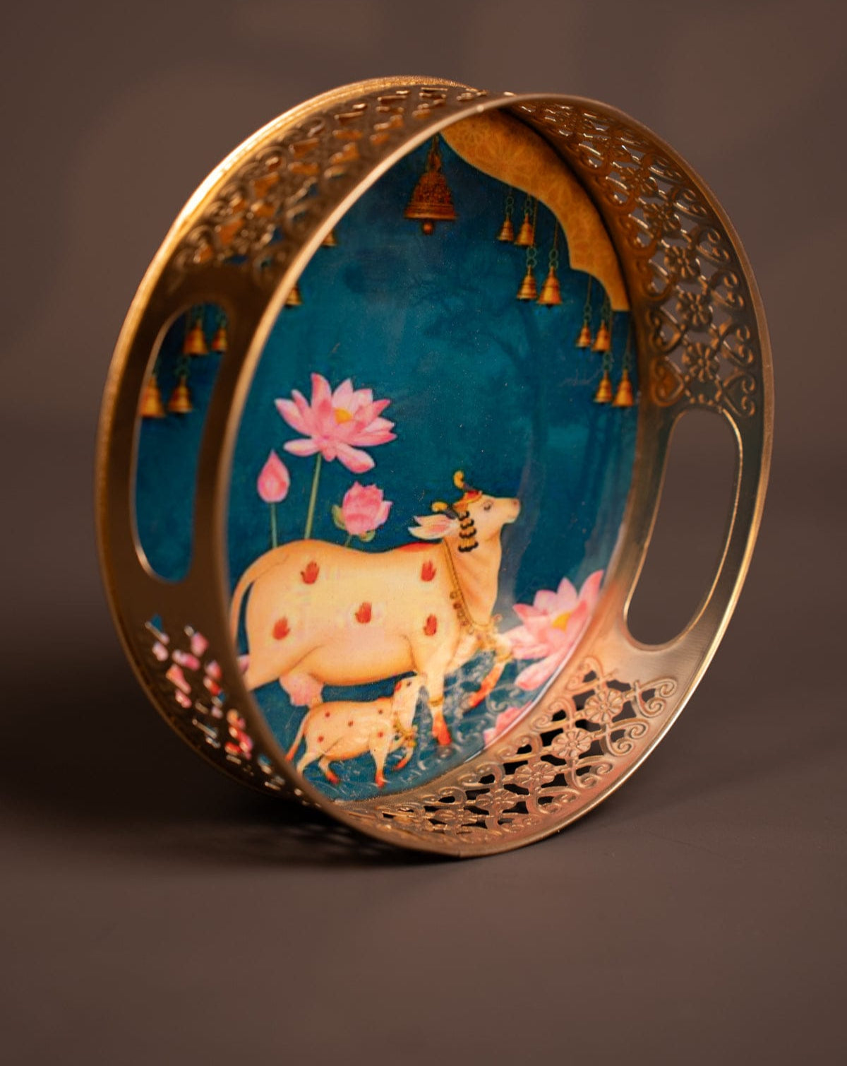 Metal Digital Pichwai tray- Cow & calf