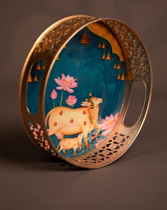 Metal Digital Pichwai tray- Cow & calf