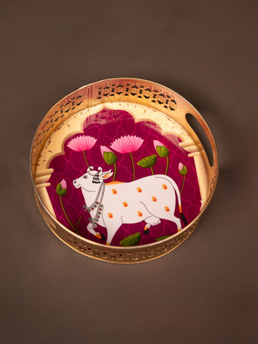 Pichwai Printed Round Metal Tray With Cow & Flowers