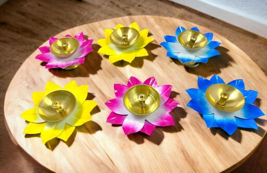 Lotus Shaped Diya With Multicolor Petals - Set of 6