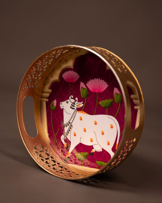 Pichwai Printed Round Metal Tray With Cow & Flowers