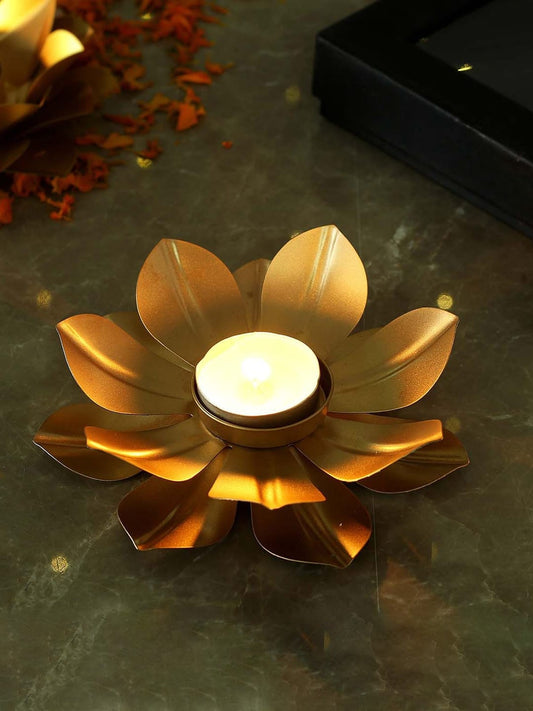 Golden Flower Design Diya & Candle Holder