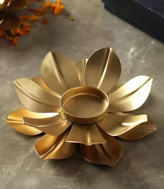 Golden Flower Design Diya & Candle Holder