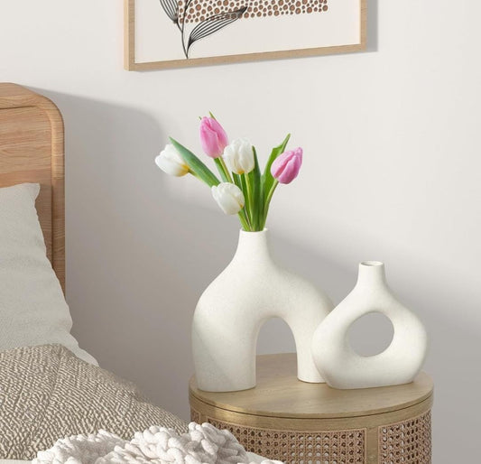 Round Matte Boho White Ceramic Vases Set of 2