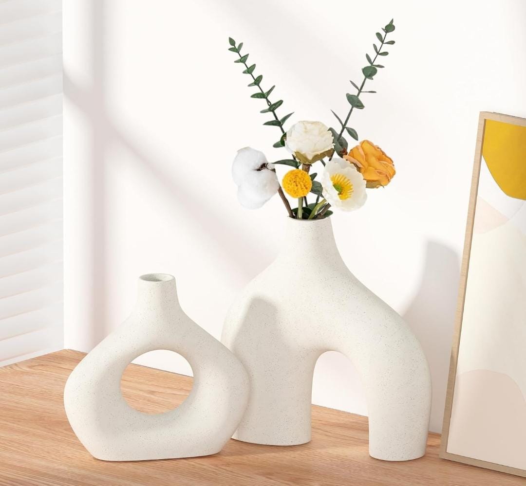 Round Matte Boho White Ceramic Vases Set of 2