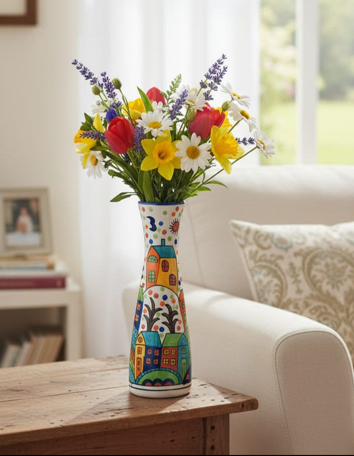 Whimsical Village Hand-Painted Artistic Flower Vase