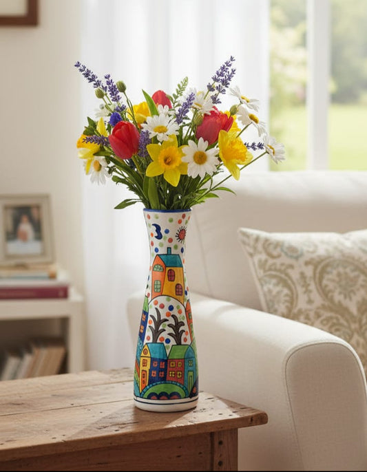 Whimsical Village Hand-Painted Artistic Flower Vase