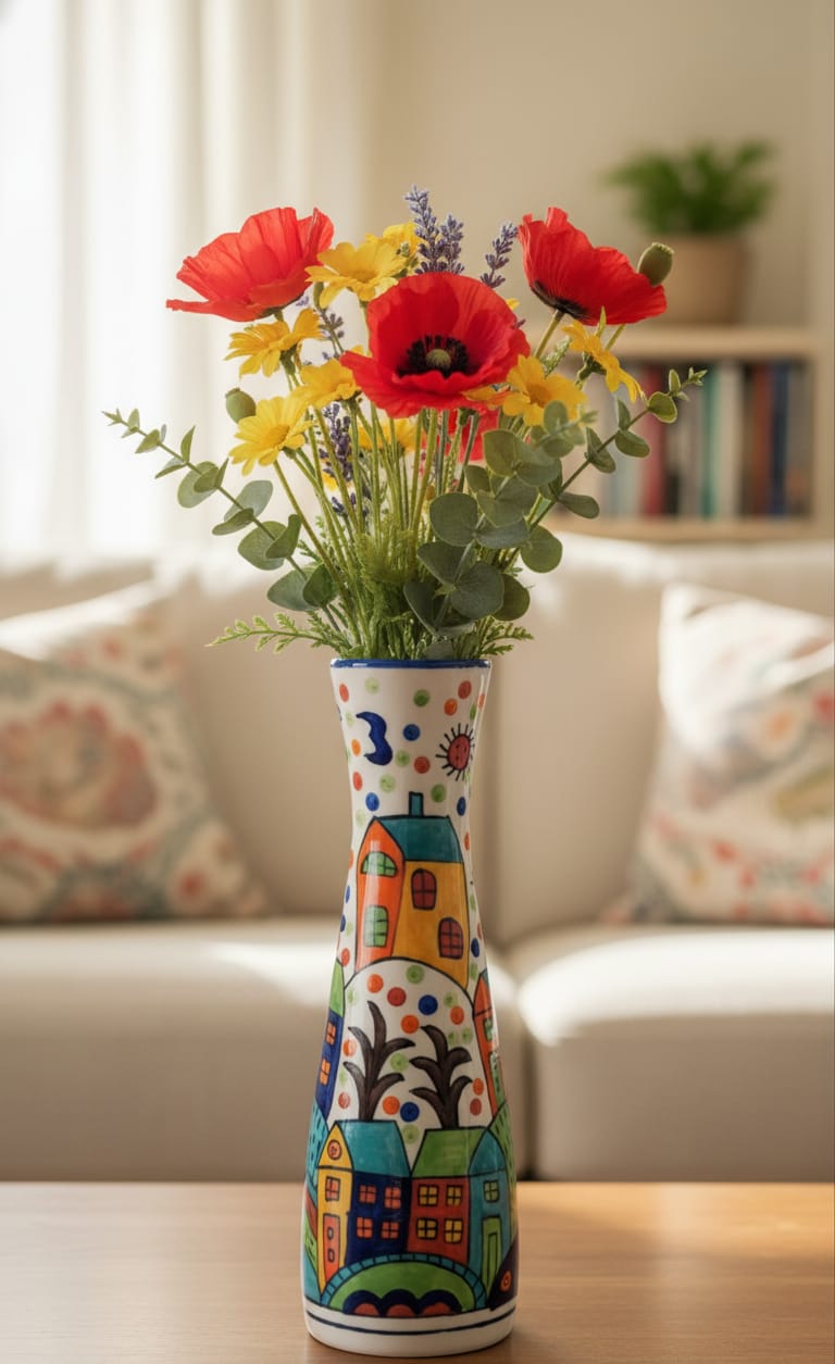 Whimsical Village Hand-Painted Artistic Flower Vase
