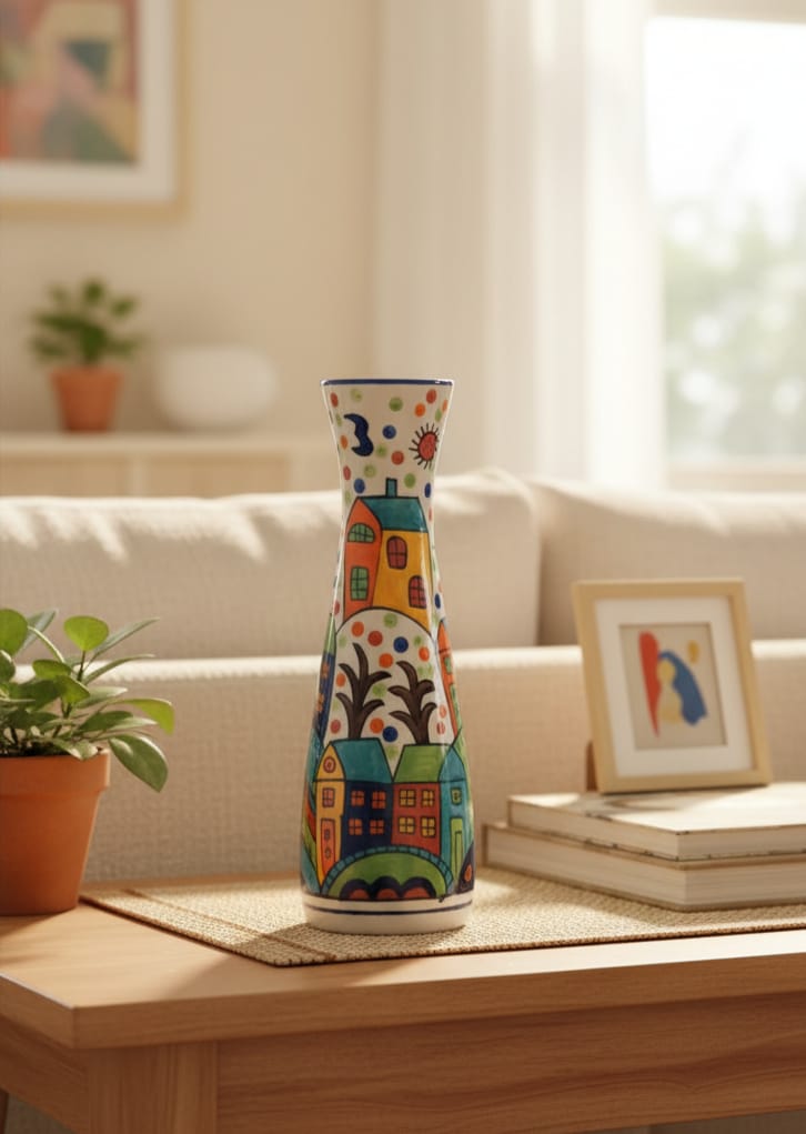 Whimsical Village Hand-Painted Artistic Flower Vase