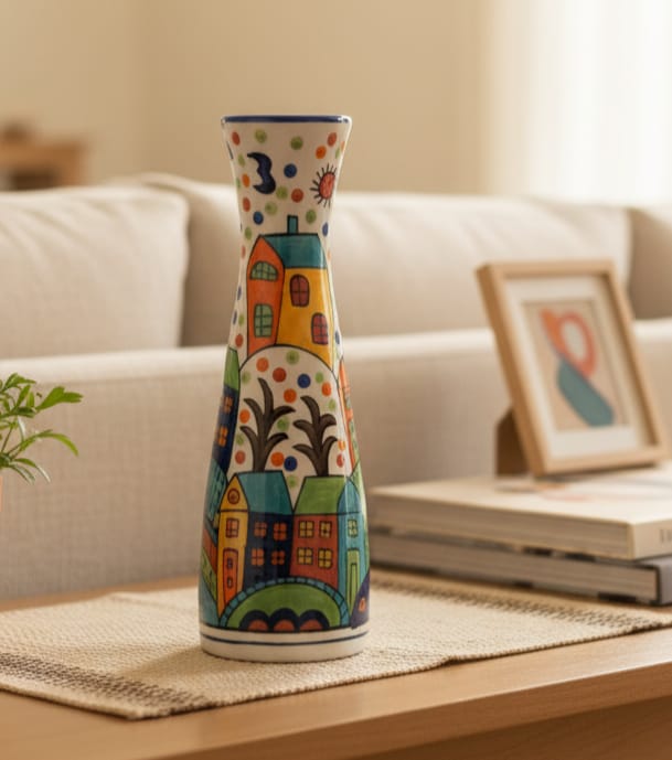Whimsical Village Hand-Painted Artistic Flower Vase