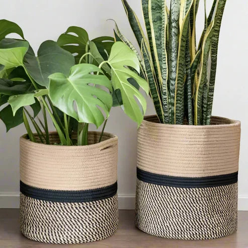 Rustic Charm Beige & Black Cotton Planter & Organizer