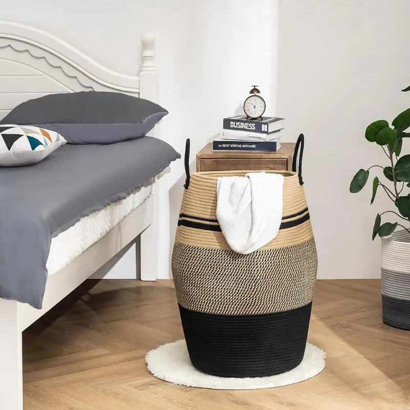 Black & Beige Natural Fiber Laundry Clothes Basket - Multiple Sizes