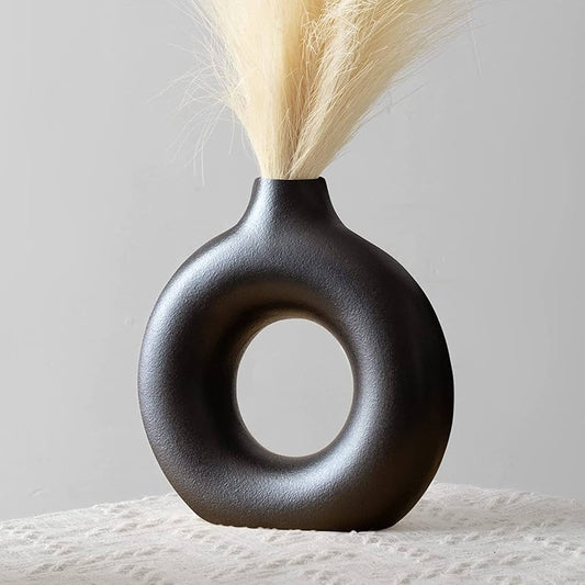 Black Minimalist Ceramic Donut Vase for Home Decor - Multiple Sizes