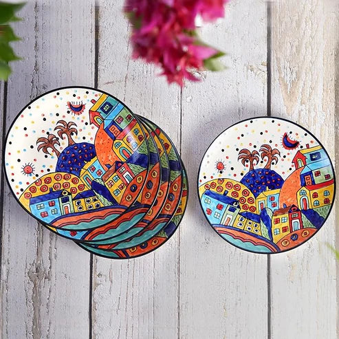 Hand-Painted Hut Design Ceramic Plates - 10-inch, Set of 6